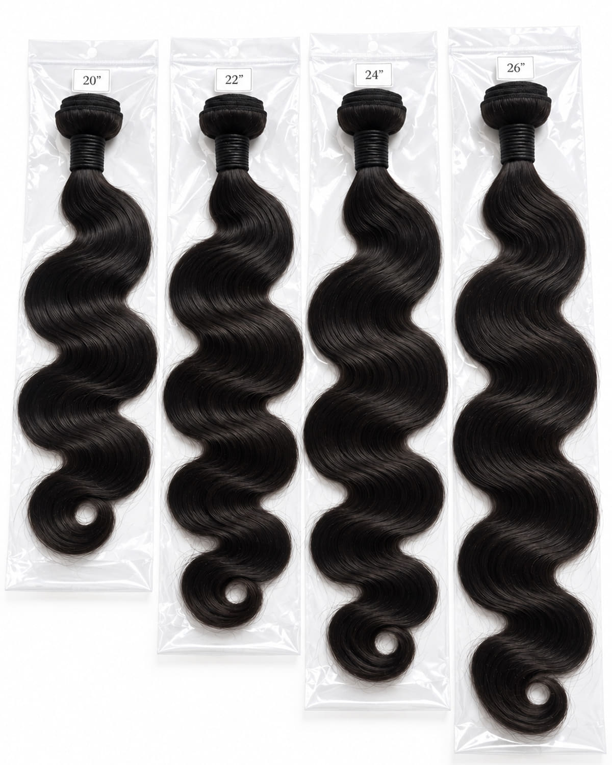 Timeless bundles in their packaging, labelled 20 to 26 inches
