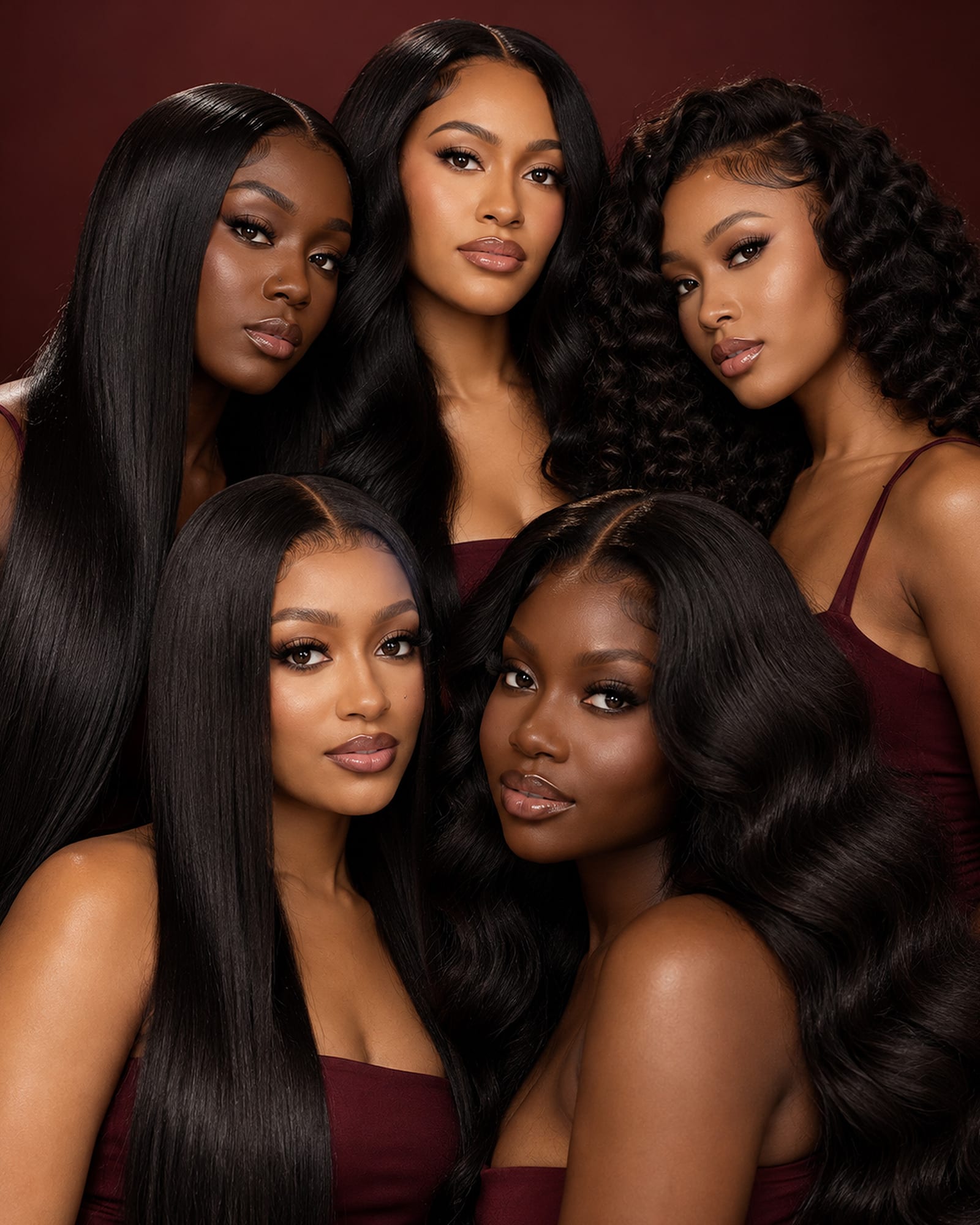 Straight, body wave, deep wave and Burmese curly worn together