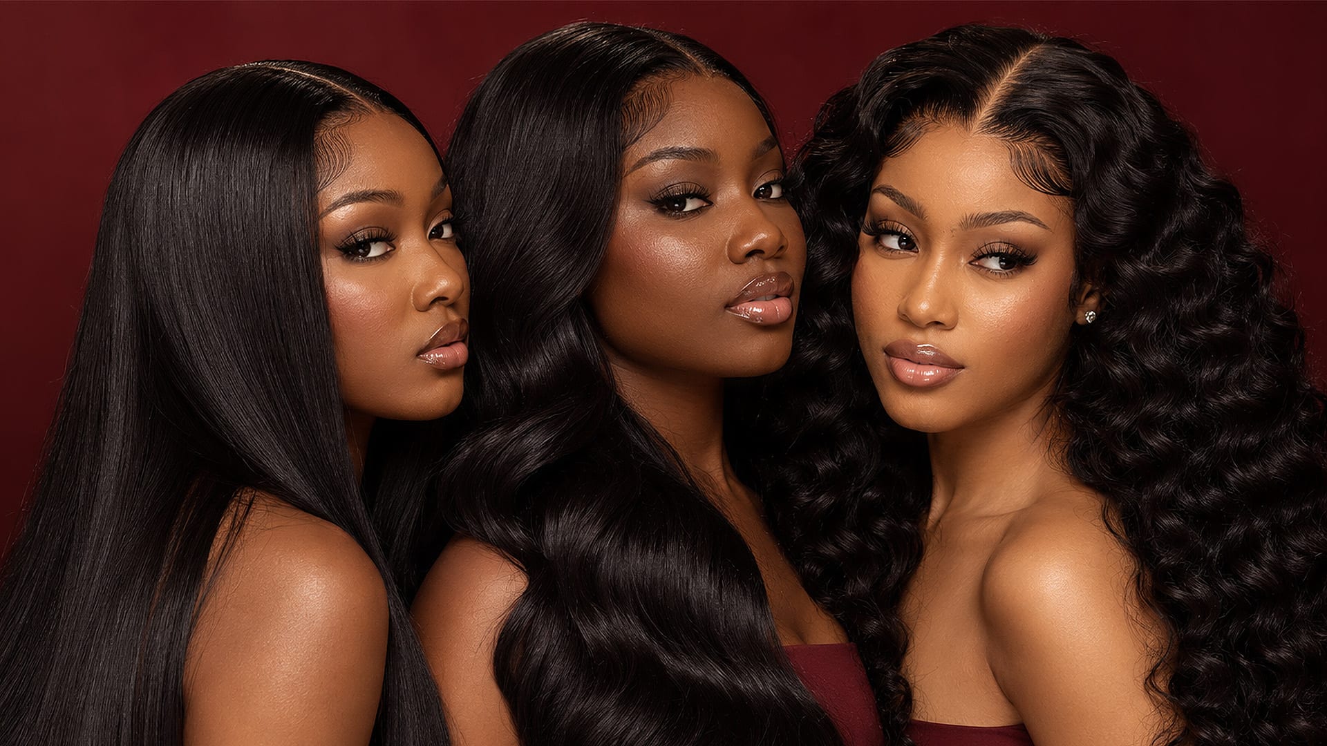 Straight, body wave and deep wave worn side by side