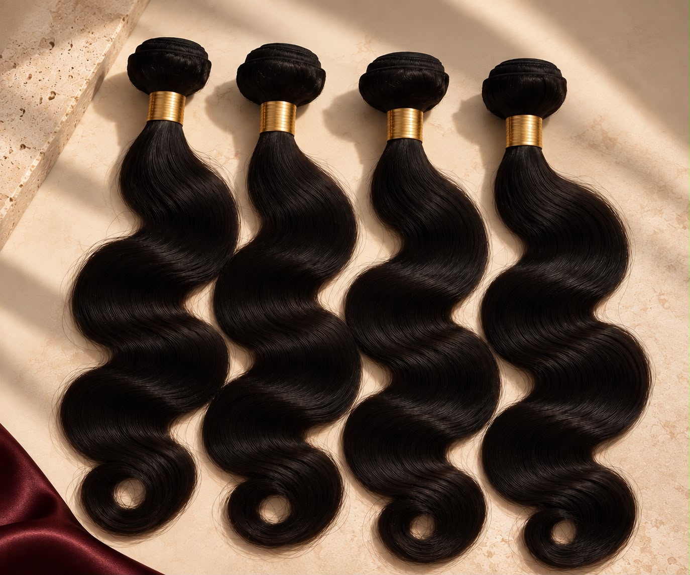 Timeless Bundles in Body Wave, four wefts laid on ivory stone with burgundy silk