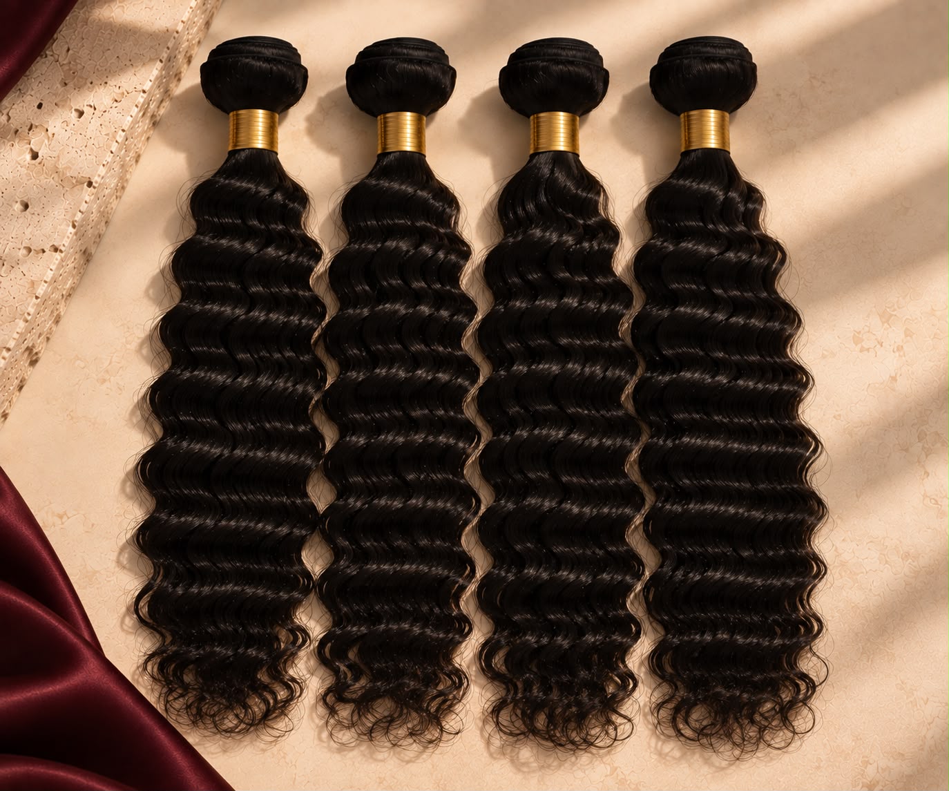 Timeless Bundles in Burmese Curly, four wefts laid on ivory stone with burgundy silk