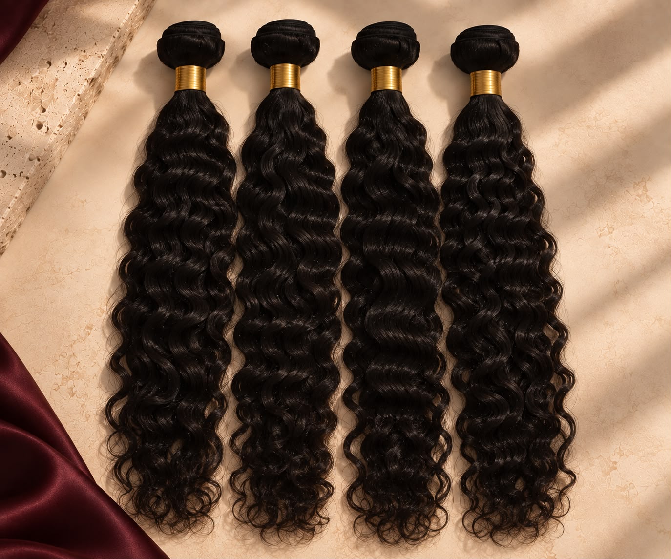 Timeless Bundles in Deep Wave, four wefts laid on ivory stone with burgundy silk