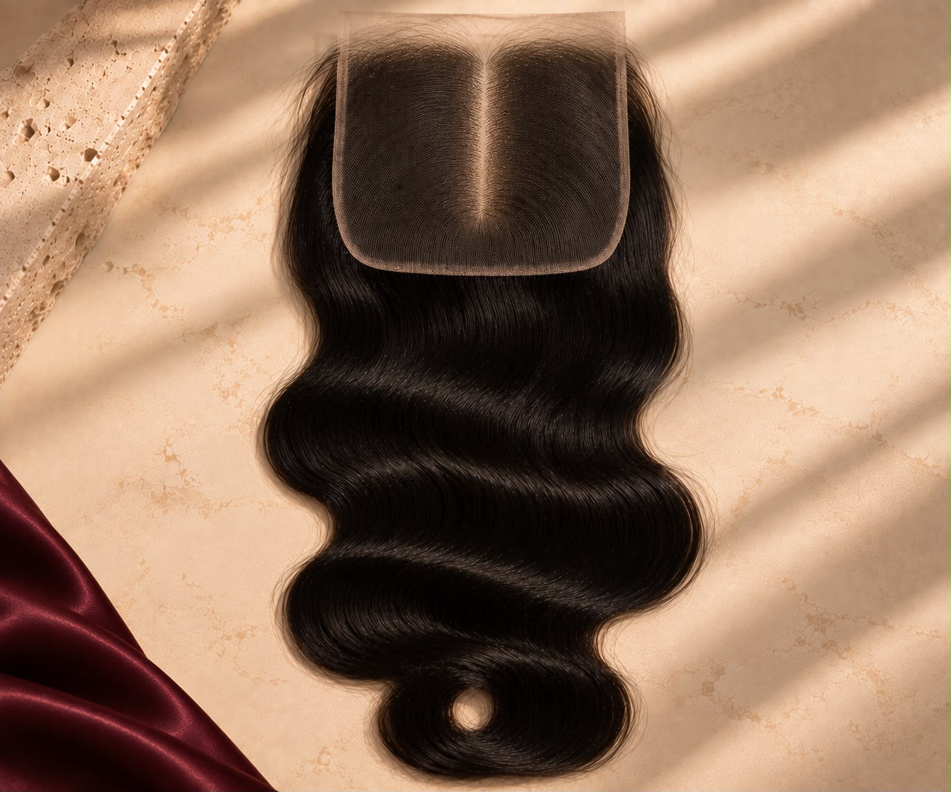 Close detail of the Timeless HD lace closure parting and knot finish