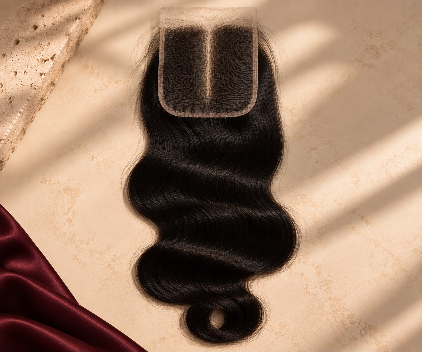 Timeless HD lace closure in Body Wave, lace parting shown flat on ivory stone