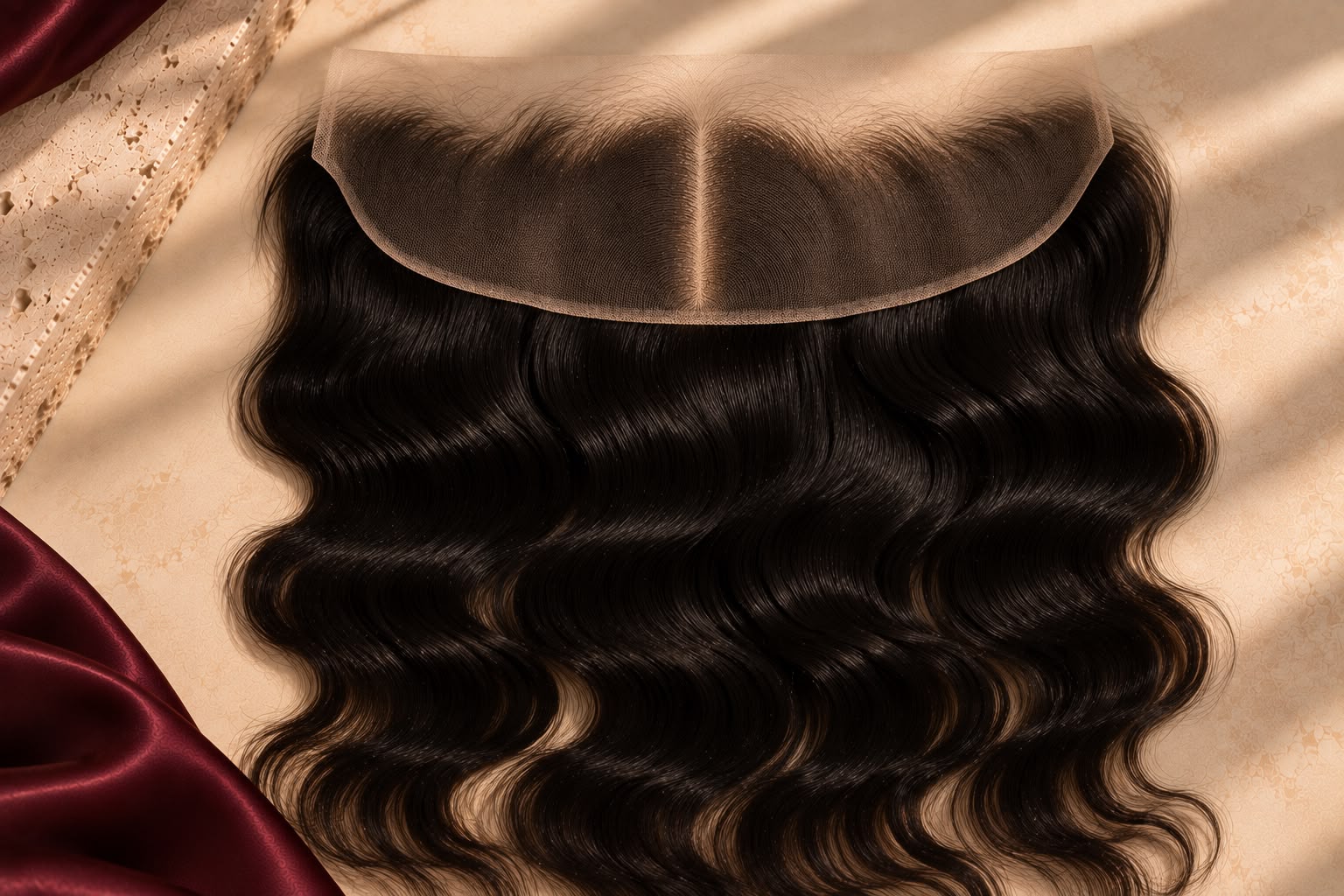 Timeless HD lace frontal in Body Wave, ear-to-ear lace shown flat on ivory stone