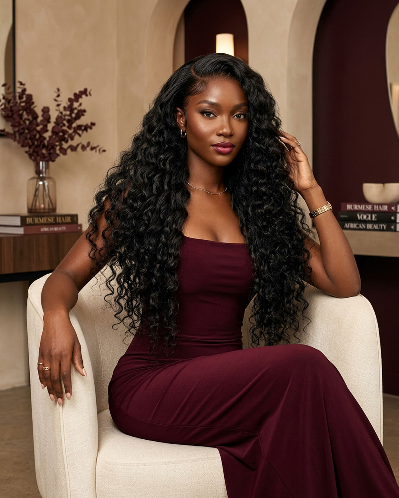 Timeless closure wig in Burmese Curly, worn full length