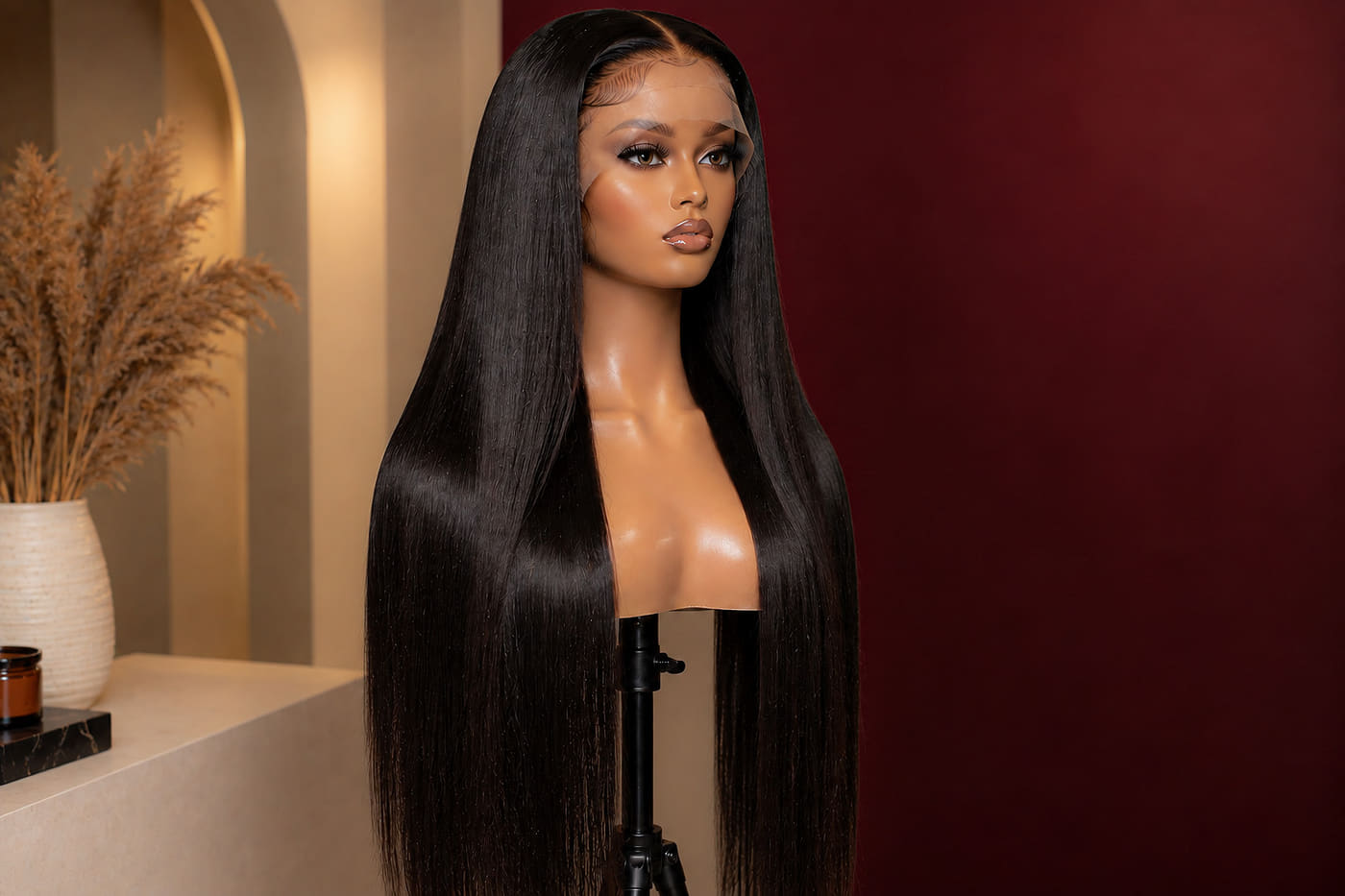 Timeless frontal wig in Straight, shown on a stand